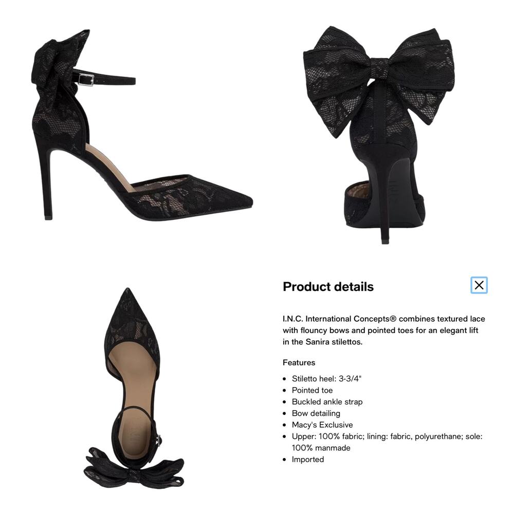 I.N.C. International Concepts Sanira Black Lace Bow Pumps Size 8 Stiletto Dressy - Picture 2 of 14